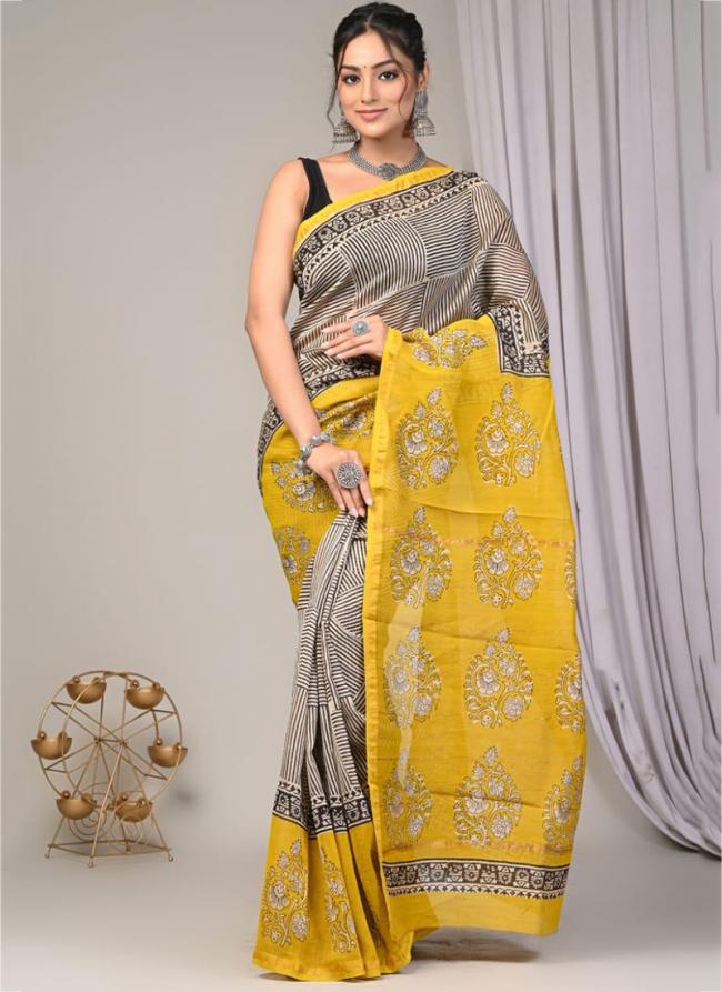 Chanderi Silk Grey Festival Wear Block Printed Saree